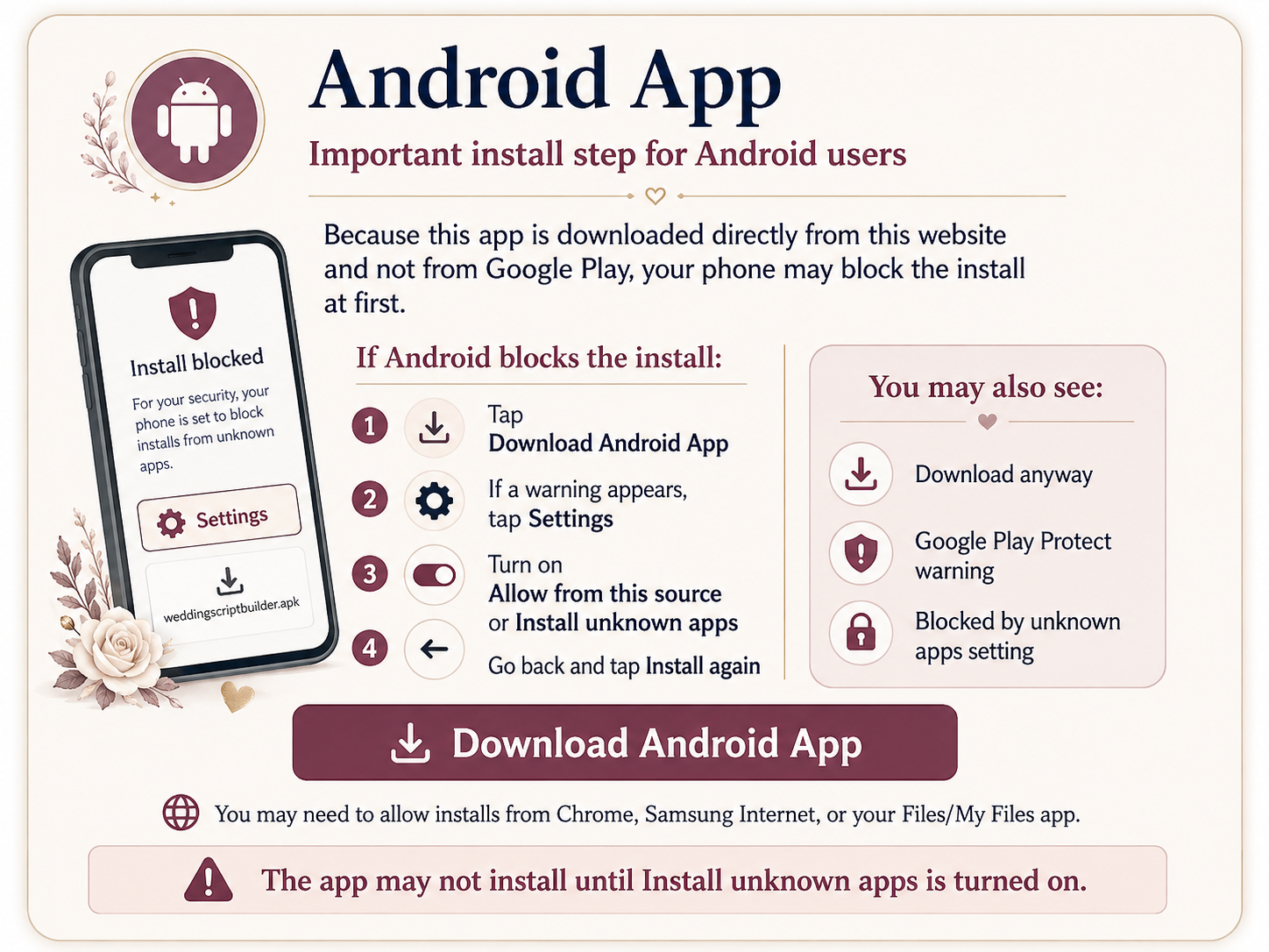 Android app install guide showing how to handle unknown app installation warnings