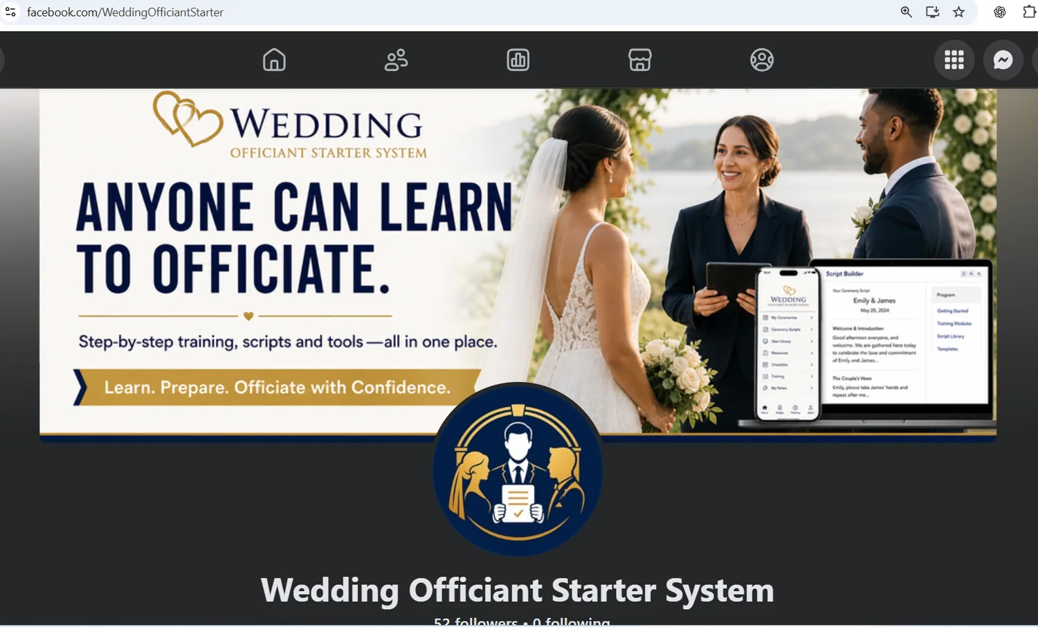Wedding Officiant Starter Facebook business page shown in Chrome
