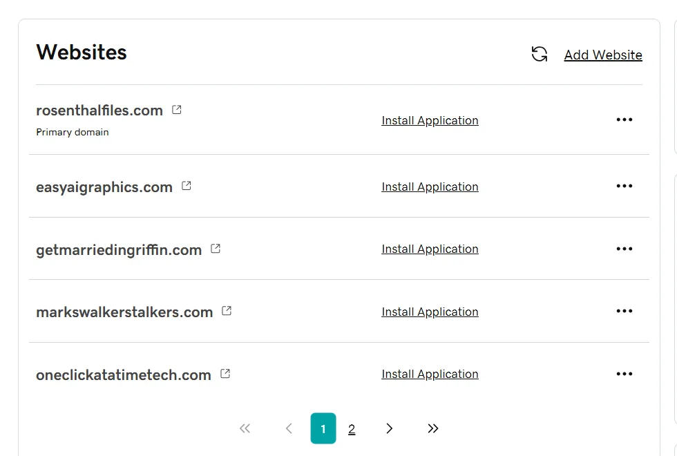 GoDaddy hosting dashboard showing the new website among hosted domains
