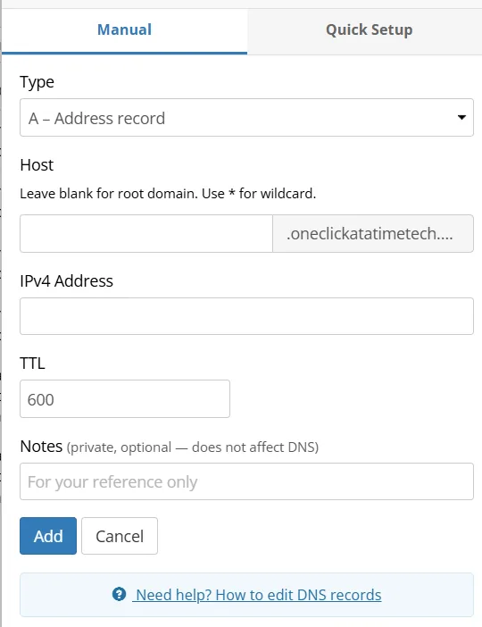 Porkbun DNS screen for adding an A record