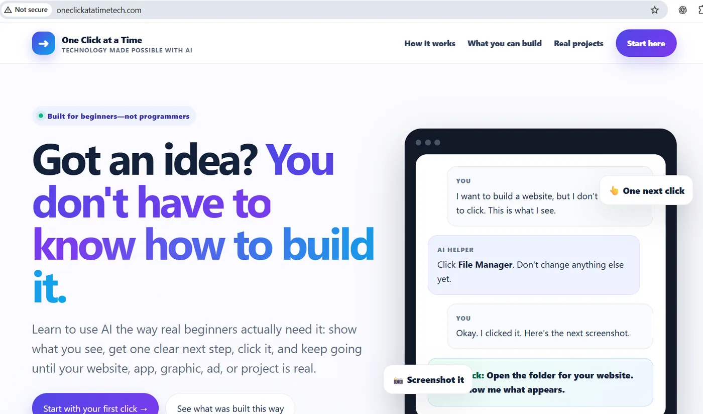 The first live version of One Click at a Time in a browser