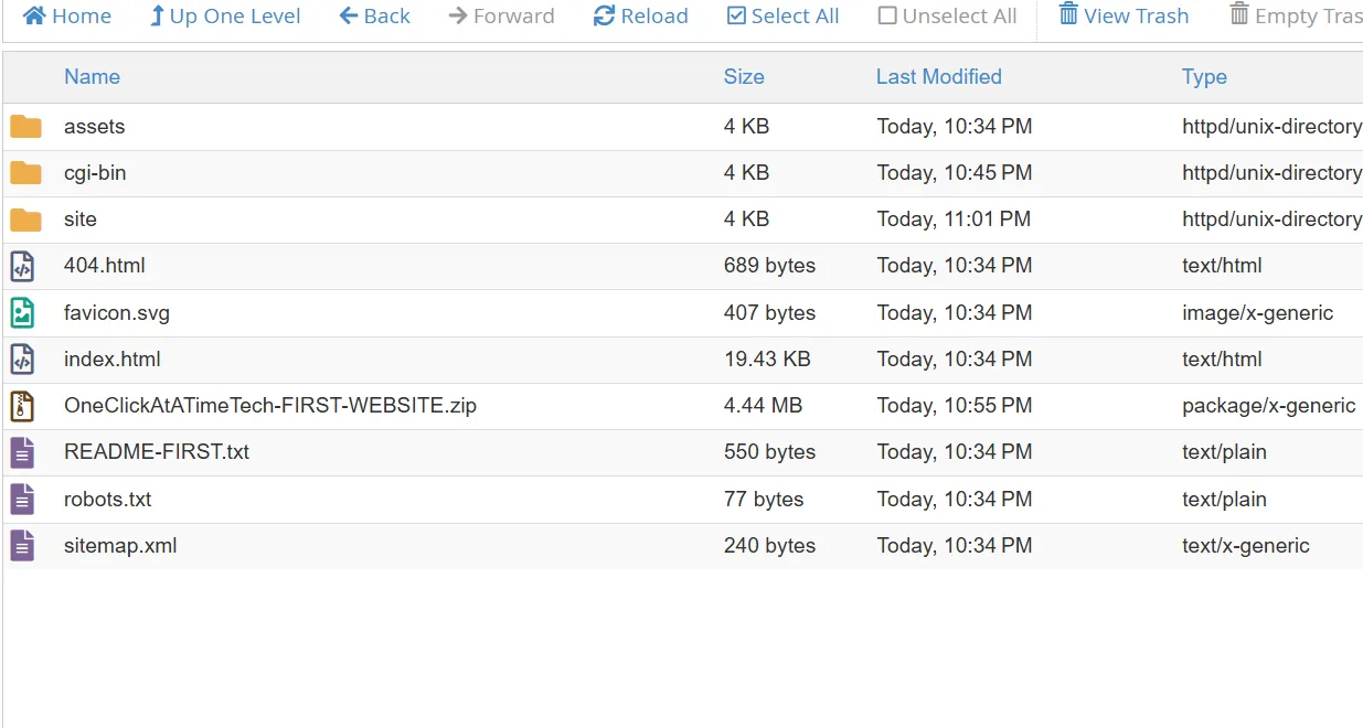 cPanel File Manager showing an unwanted nested site folder after extraction