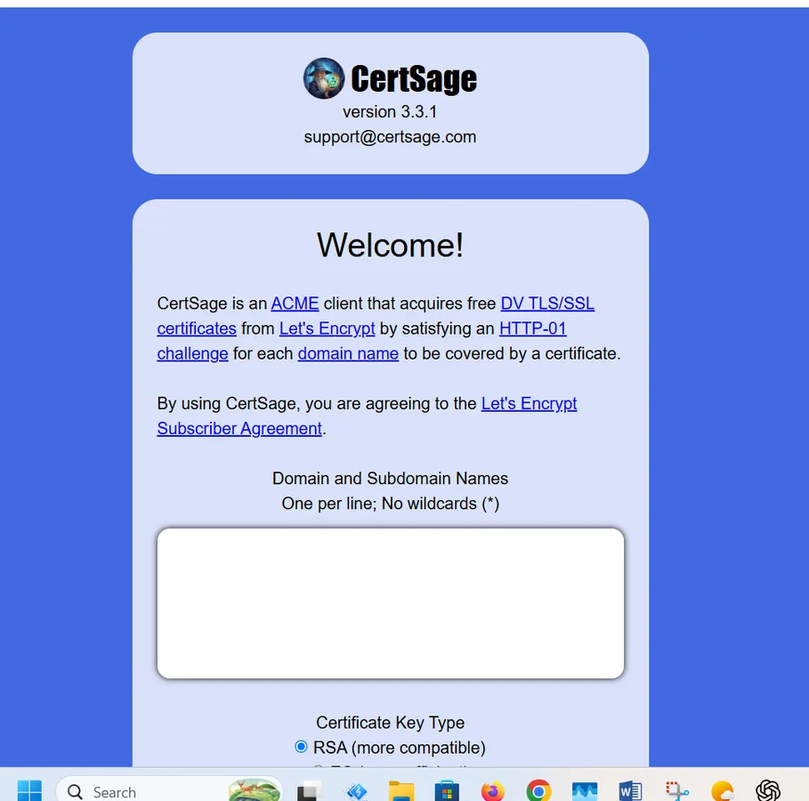 CertSage SSL certificate setup page