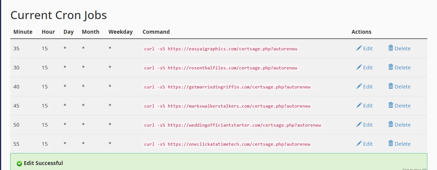 cPanel cron jobs showing automatic CertSage renewal commands