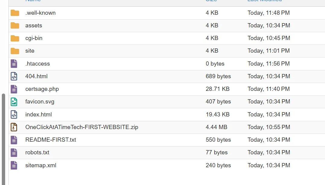 cPanel File Manager showing the .htaccess file in the One Click at a Time website folder