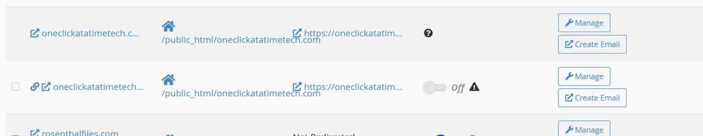 cPanel Domains page showing Force HTTPS Redirect unavailable for the domain
